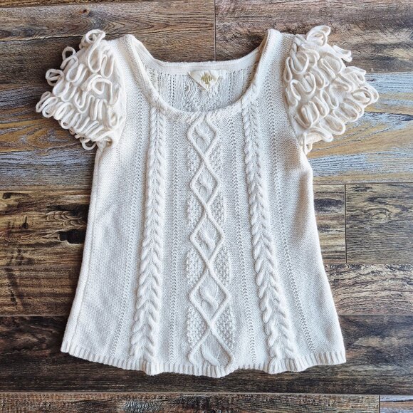 HWR by Anthropologie Looped Epaulet Cable Knit Short Sleeve Sweater Cream - Picture 3 of 12